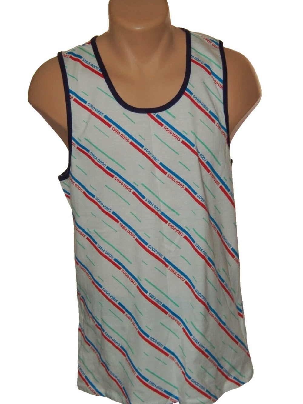 Upstanders Men's White Tank Top Red & Blue Diagonal Stripes Good Vibes Graphic S